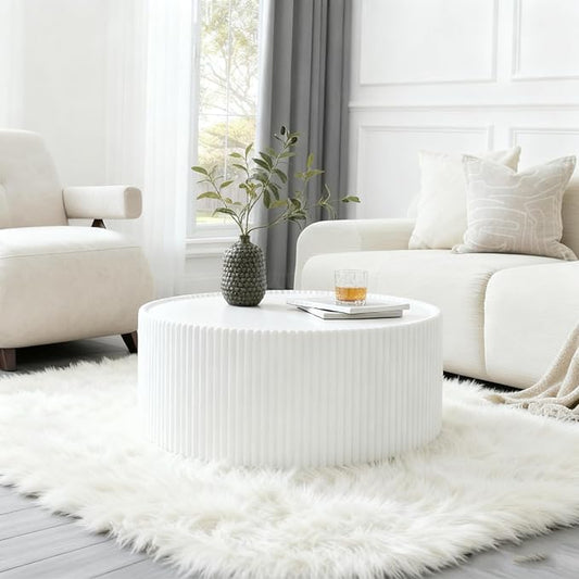 29.52" White Round Coffee Table, Drum Coffee Table with Sintered Stone Tabletop and Fluted PU Leather Covered and Stable Base, Circle Cocktail Tea Table for Living Room