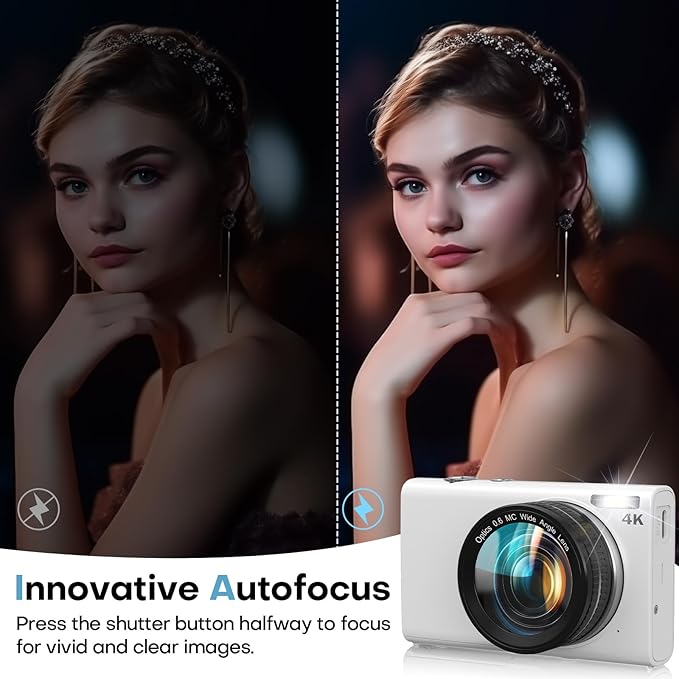 Digital Camera, 4K 64MP Digital Camera with Wide Angle Lens, Autofocus 16X Digital Zoom YouTube Compact Point Shoot Vlogging Camera with 32GB Card, 2 Batteries, for Beginners/Adults(White)