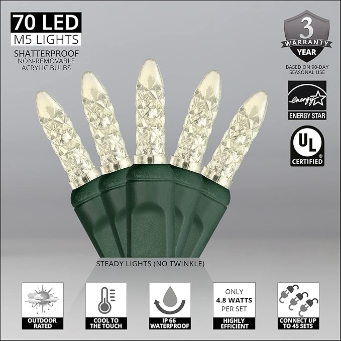 70 Warm White M5 LED Christmas Lights, 24 ft Green Wire Indoor/Outdoor Commercial Grade Mini String, Holiday and Outdoor Lighting