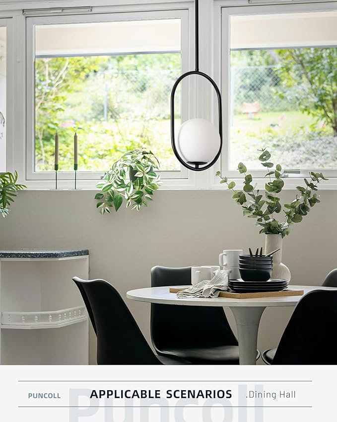 Black Pendant Lights - 1-Light Pendant Lights Kitchen Island with Milky White Globe Glass - Mid Century Pendant Light Fixtures - Black Hanging Lights for Kitchen H9376-MGBK