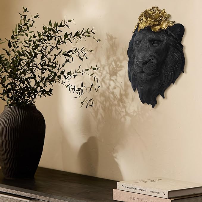 GUSFREUD Black Lion Animal Head Wall Decor – Resin Lion Wall Sculpture, Vintage Black Wall Art for Living Room, Bedroom, Office, Maximalist Home Decor