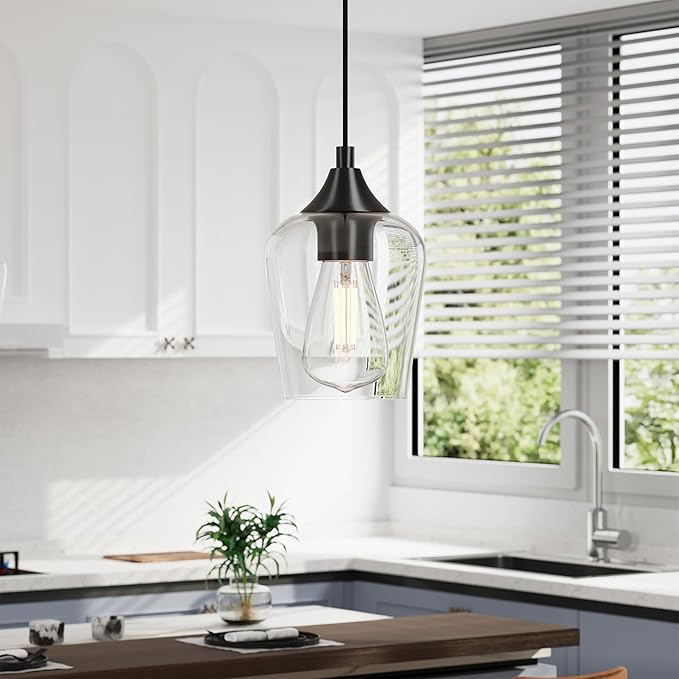 VONLUCE Pendant Lights Kitchen Island, Matte Black Pendant Light Fixtures with E26 Base & Adjustable Cable, Modern Pendant Lighting with Glass Shade for Living Room Bedroom Hallway, 3 Packs