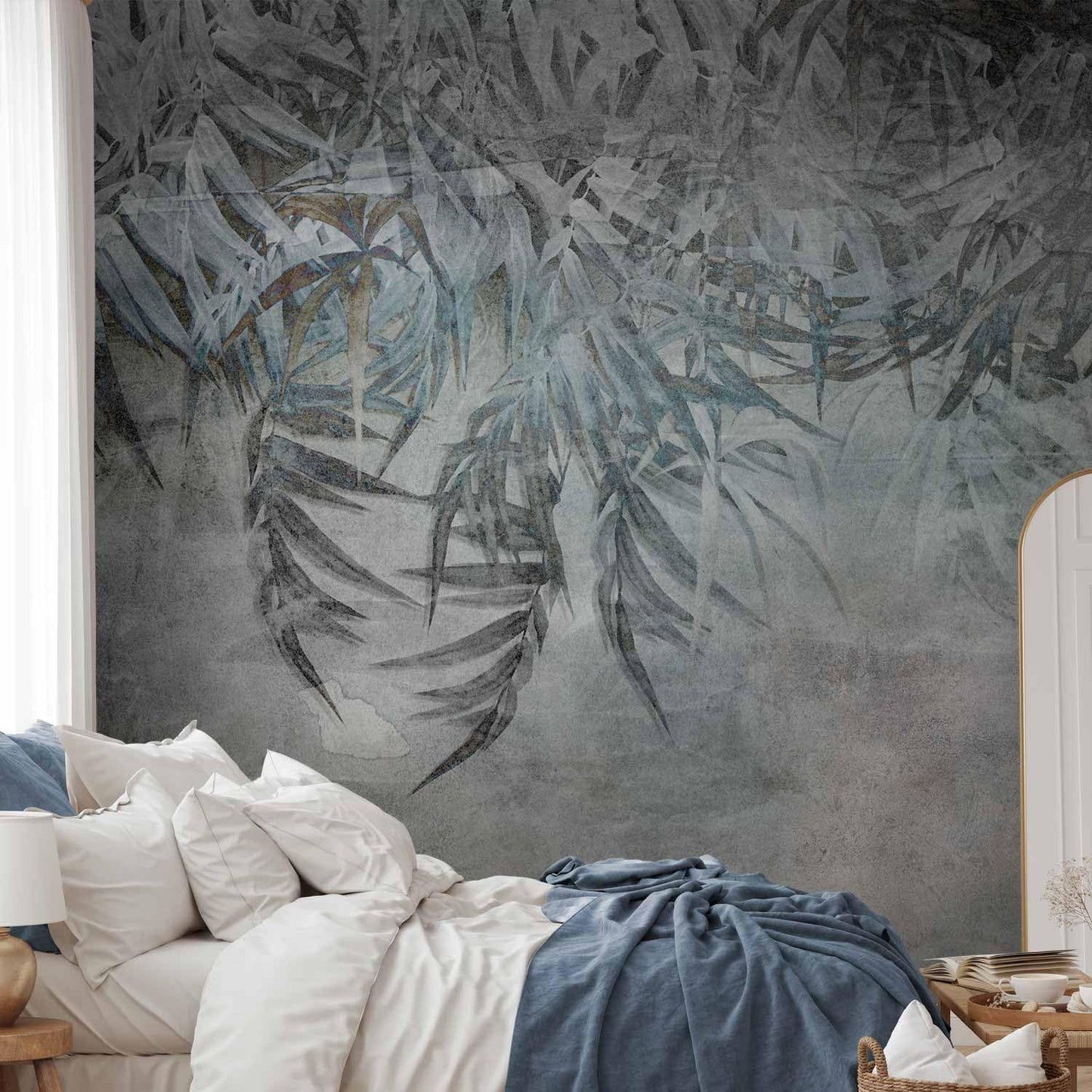 artgeist Wall Mural Leaves 177x124 in - XXL Non-Woven Wallpaper Fleece Wall Decor Photo Print Picture Image Design Palm Leaves Concrete Nature Grey b-C-10103-a-a