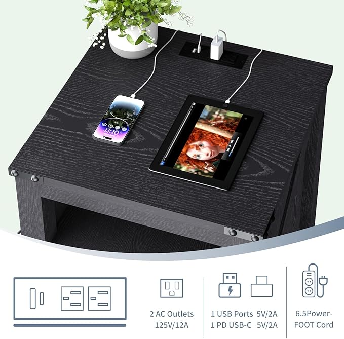 MUUEGM Farmhouse End Table with Charging Station, Side Table for Living Room, Sofa Side Table with Drawers and Storage Cabinet, Night Stand for Bedroom, Black, Set of 1