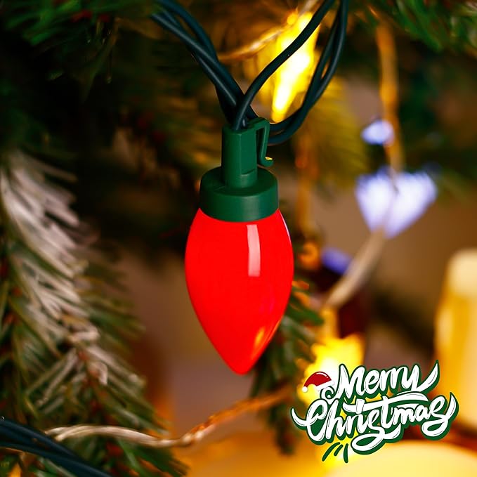 HAYATA Red&White C9 Big Bulbs Classic Christmas Lights 50 LED 32ft Strawberry Light - Waterproof Green Wire Fairy Lights, for Indoor Outdoor Home Yard Xmas Tree Decorations (Red White - 50LED)