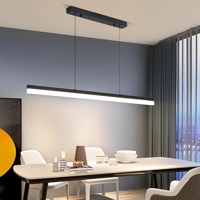 LED Linear Pendant Light Fixtures, Dimmable Island Lights for Kitchen Dining Room Office, 39.3inch Modern Pool Table Light for Billiard Room, Height Adjustable, Black