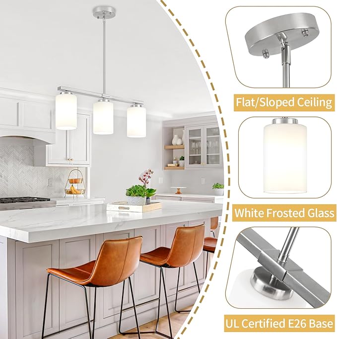 3-Light Kitchen Island Lighting, Brushed Nickel Dining Room Light Fixtures Over Table, Modern Farmhouse Chandeliers with Milky Glass Shade Pendant Light for Dining Room Kitchen Island