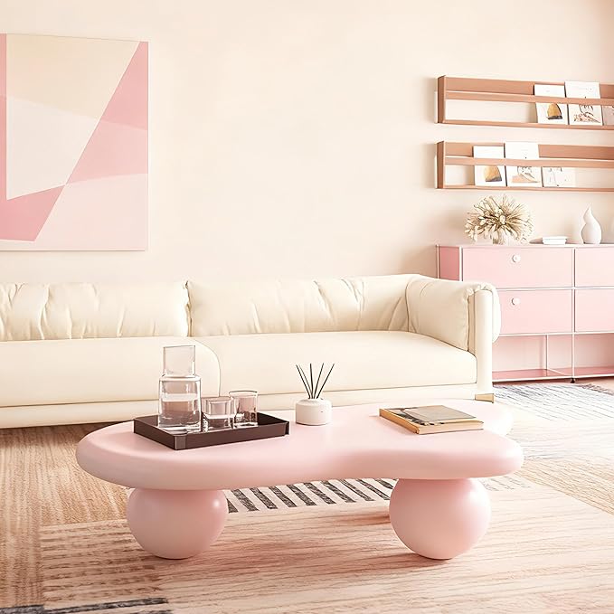 40” Cloud Coffee Table with 3 Ball Legs, Modern Lrregular Center Table for Living Room, Low Cute Small MDF Tea Table for Bedroom, Space Apartment-Pink