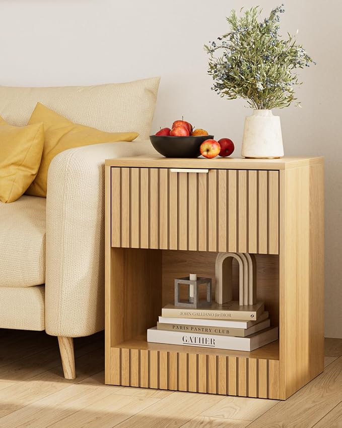 Tall Nightstand Extra Large Nightstand, Modern Night Stand, Bedside Table with Drawer and Open Shelf, Cube Design, Side Table for Bedroom, Living Room, Oak