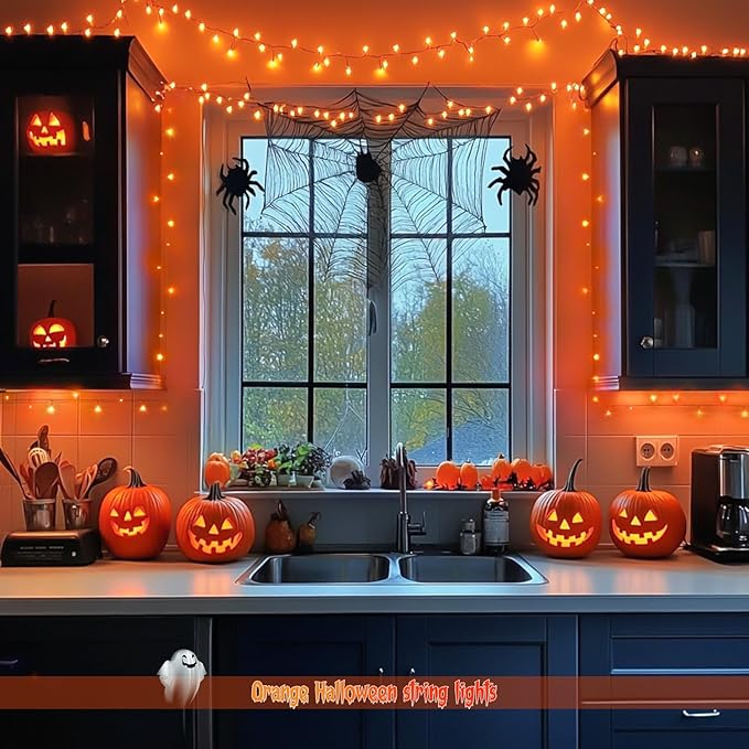 JMEXSUSS 2 Pack 100 LED Orange Halloween Lights Outdoor, 33ft Connectable Orange String Lights for Halloween Indoor with 8 Modes, Clear Wire Fall Lights Plug in for Thanksgiving Christmas Decorations