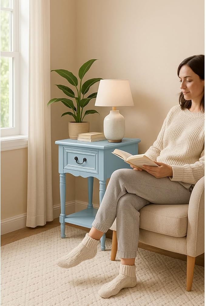 Urban Designs Wooden Accent Table/Nightstand with Drawer and Bottom Shelf – 29" H, 16" L x 16" W - Light Blue