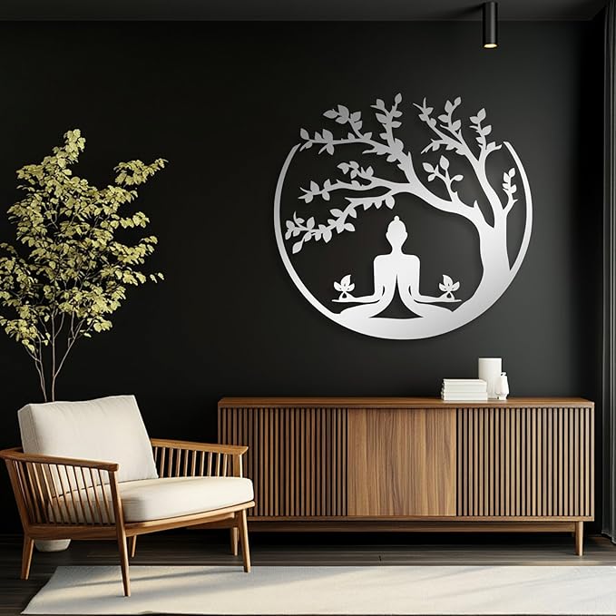 Buddha Tree of Life Metal Wall Decor, Metal Buddha Wall Art, Tree Metal Wall Decor, Tree of Life Wall Art, Zen Meditation Wall Art, Spiritual Wall Decor for Living Room, Home Decor (Silver, 35"x34" | 90x86cm)