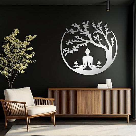 Buddha Tree of Life Metal Wall Decor, Metal Buddha Wall Art, Tree Metal Wall Decor, Tree of Life Wall Art, Zen Meditation Wall Art, Spiritual Wall Decor for Living Room, Home Decor (Silver, 28"x26" | 70x67cm)