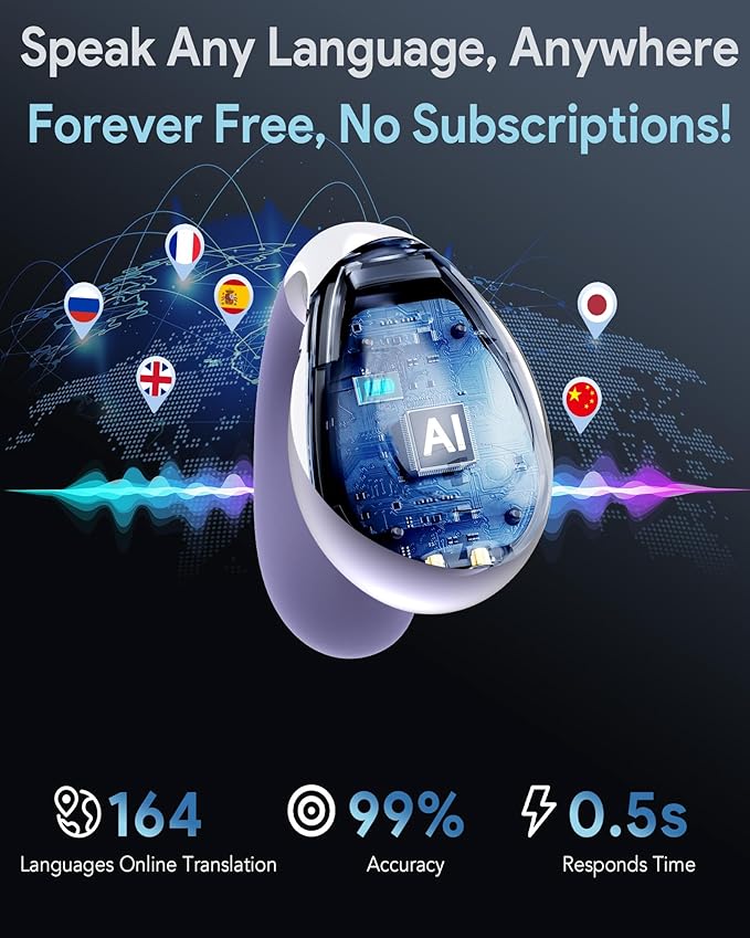 Ai Translation Earbuds Real-Time – Ear Buds Translators Any Language, Audifonos Traductores Inglés Español, Instant Translating Earbud Devices for Live Global Conversations, Crystal Purple
