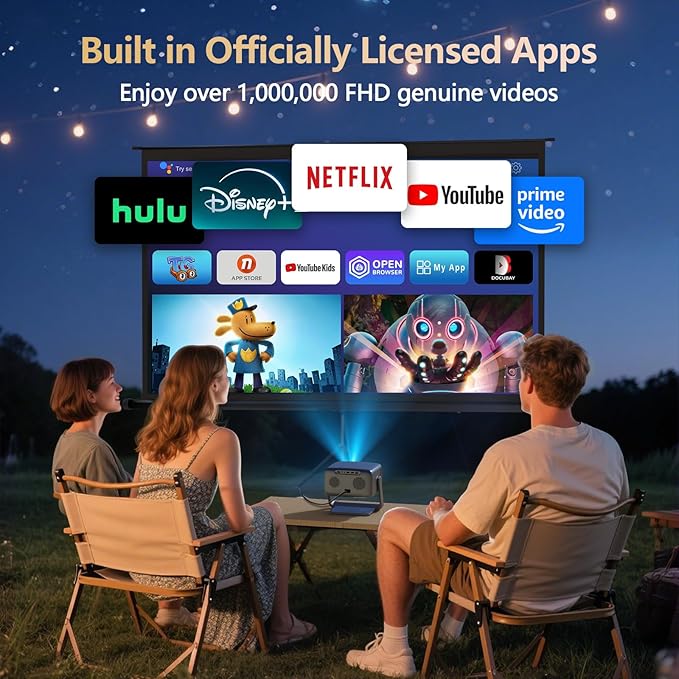 [2000 ANSI/ Official-NetfIix/360°Stand] Outdoor Projector with WiFi and Bluetooth, Auto Focus, Auto Keystone 4K Projector Native 1080P Support 36W DoIby Audio Smart Projector