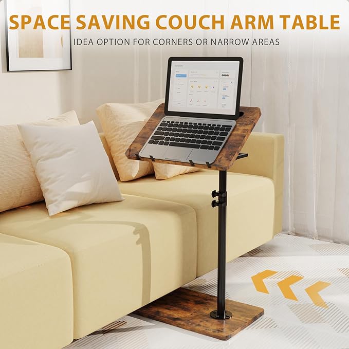 TV Tray Table, Adjustable C Shaped End Table for Couch, 360°Swivel Couch Side Tables That Slide Under Couch Desk Tray Tables for Small Space Sofa Bed Living Room Bedroom Bedroom(Rustic)