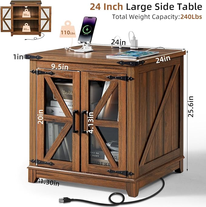 Farmhouse End Table,24" Large Sofa Side Table with Charging Station Glass Barn Door,Wood Nightstand with Adjustable Storage Shelf,Square Bedside Table for Living Room,Bedroom,Office-Brown