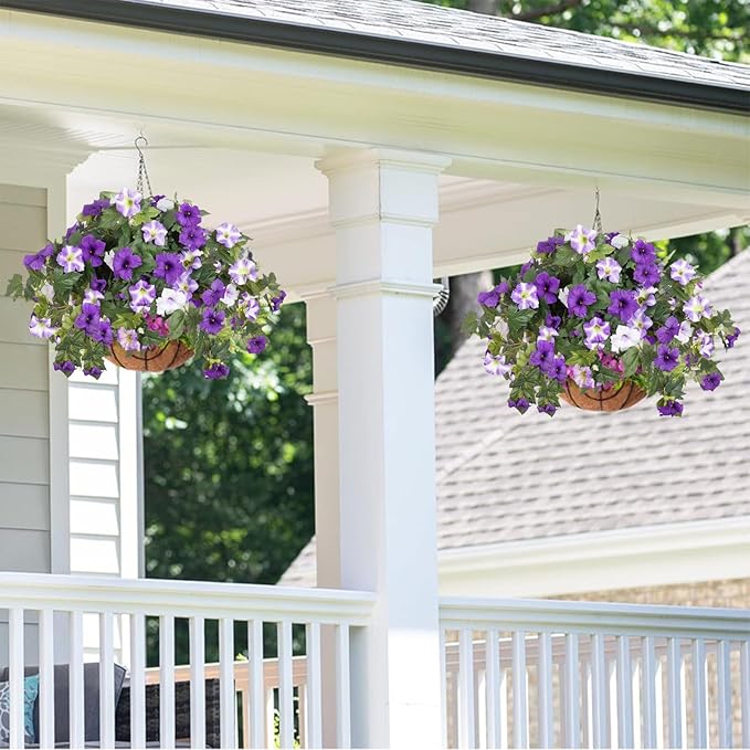 4PCS Artificial Fake Flowers Plants for Outdoors Decoration No Fade Faux Petunias UV Resistant Realistic Silk Flowers for Home Garden Balcony Yard Porch Deco (Purple White)