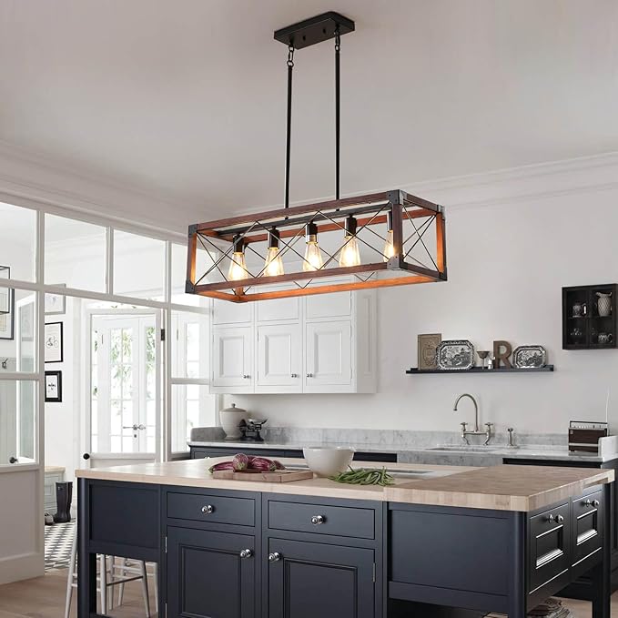 Farmhouse Lighting Dining Room Light Fixture, Farmhouse Chandelier, Kitchen Island Lighting, Rustic 5 Light Pendant Chandeliers, Country Wood Island Lights-Walnut