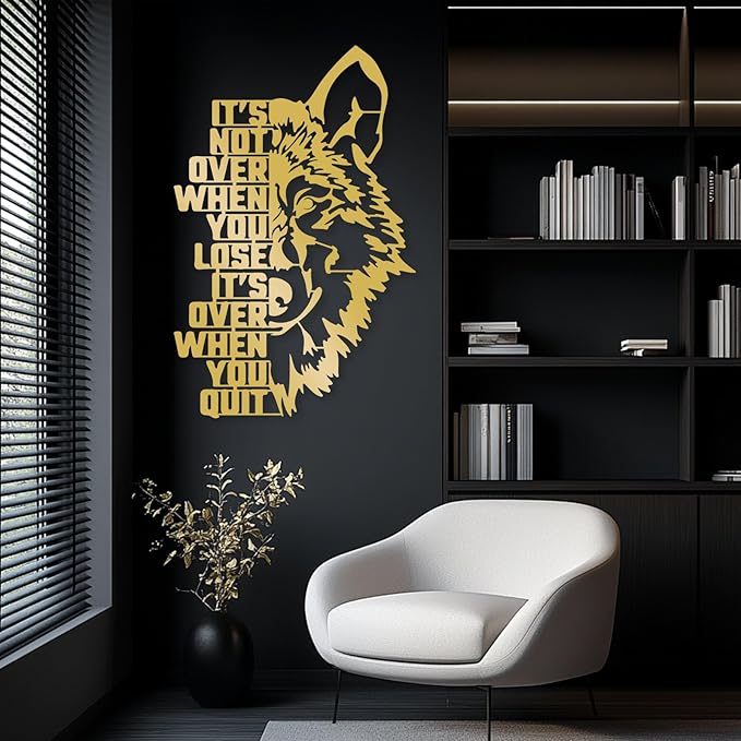 Motivational Wolf Metal Wall Art, Metal Wolf Wall Decor, Metal Inspirational Wall Art, Wolf Sculpture, Positive Quotes Wall Decor, Success Wall Art, Wall Decor Living Room Office (Silver, 47"x31" | 121x79cm)
