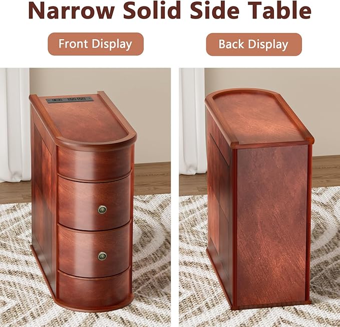 ROOMTEC Solid Wood End Table,Narrow Side Table with 2 Drawers,No Assembly,Slim Chair Side Table, Finished Back,Vintage Wood Narrow Sofa Side Table for Living Room Bedroom(2 Pack)