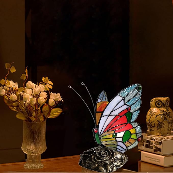 Bedside Tiffany Table Lamp LED Blue Red Butterfly Stained Glass Nightstand Table Lamps ON Off Switch Home Office Desk Lamp Night Light Girl Grandma Mothers Day Gifts W/Gift Box