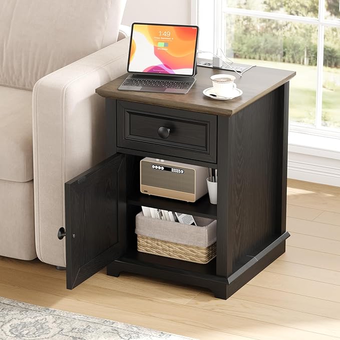 End Tables with Fast-Charge Sets, Side Tables with Drawers, Storage Side Tables Living Room, Adjustable Shelf, Bedroom Nightstands Set of 2, Black