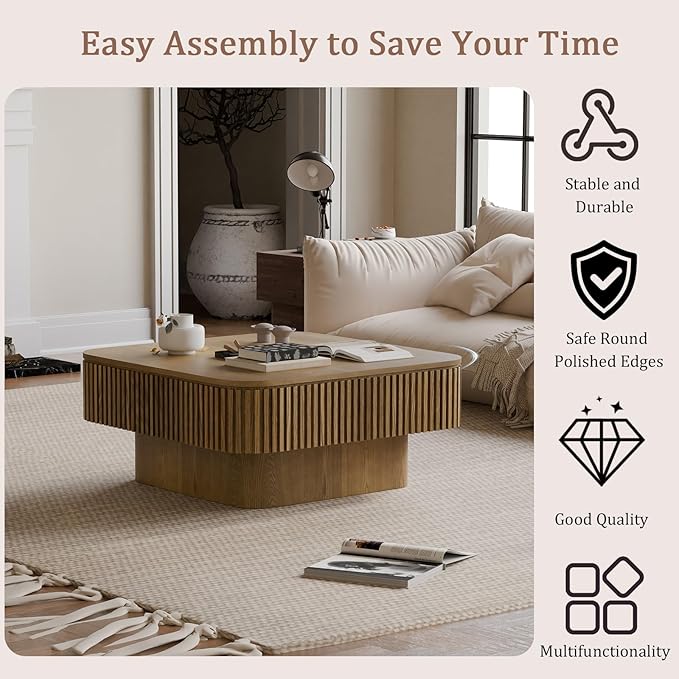 31.5" Square Coffee Table with Hidden Storage Compartment, Modern Handcraft Fluted Drum Coffee Table, Wooden Square Center Table Cocktail Tea Table with Sturdy Pedestal for Living Room, Brwon