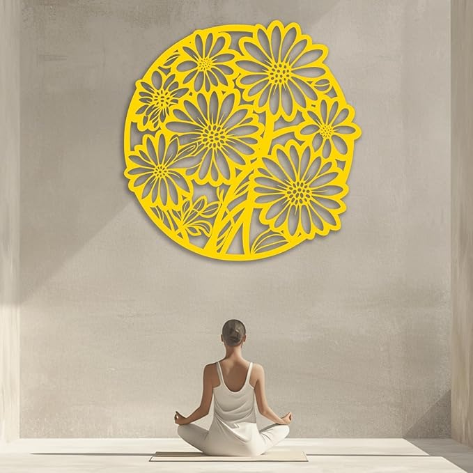 XXQ Metal Wall Art Decor, Daisy Flower Metal Wall Art Sculpture for Indoor Outdoor Line Wall Art for Bedroom Living Room and Kitchen (White, 35" x 35" / 90 x 90cm)