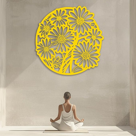 XXQ Metal Wall Art Decor, Daisy Flower Metal Wall Art Sculpture for Indoor Outdoor Line Wall Art for Bedroom Living Room and Kitchen (Gold, 19" x 19" / 47x 47cm)