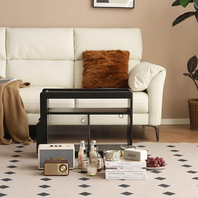 Solid Wood Side Table with Wheels, Narrow Side Table with Storage, Rolling Bedside Table for Bedroom Living Room Dining Room(Black, 27.95" D x 11.42" W x 19.88" H)