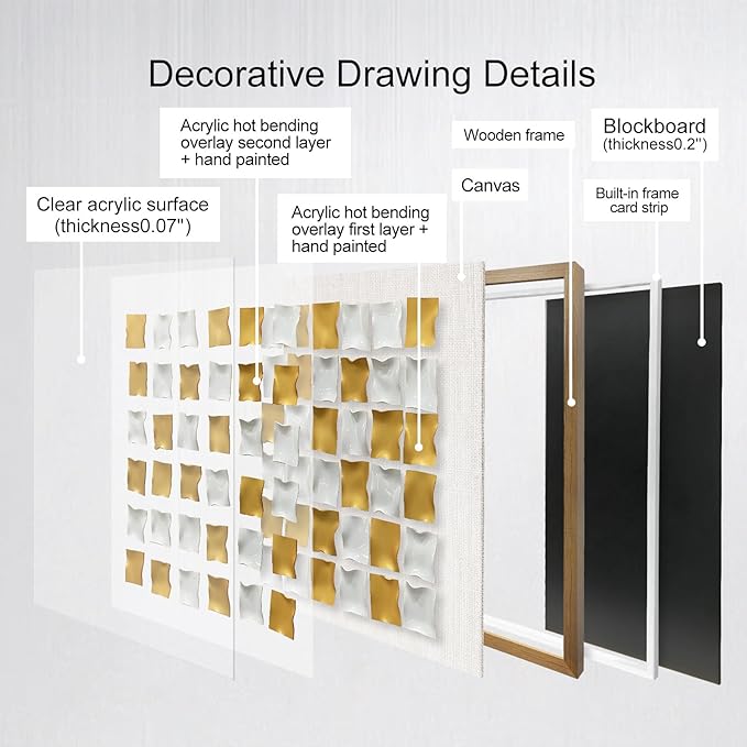 BrightA Gold and White Geometric Wall Sculpture Reflective 3D Textured Panels Brushed Metal Texture with Wave Modern Framed Abstract Art for Bedroom Office Decor 23.6"x23.6"