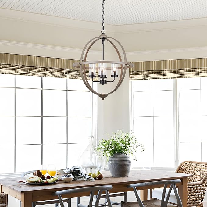 Farmhouse Chandelier, 17" Industrial Rustic Globe Sphere Orb Chandelier Wood Grain, 4-Light for Dining Room Entryway Kitchen Island Foyer