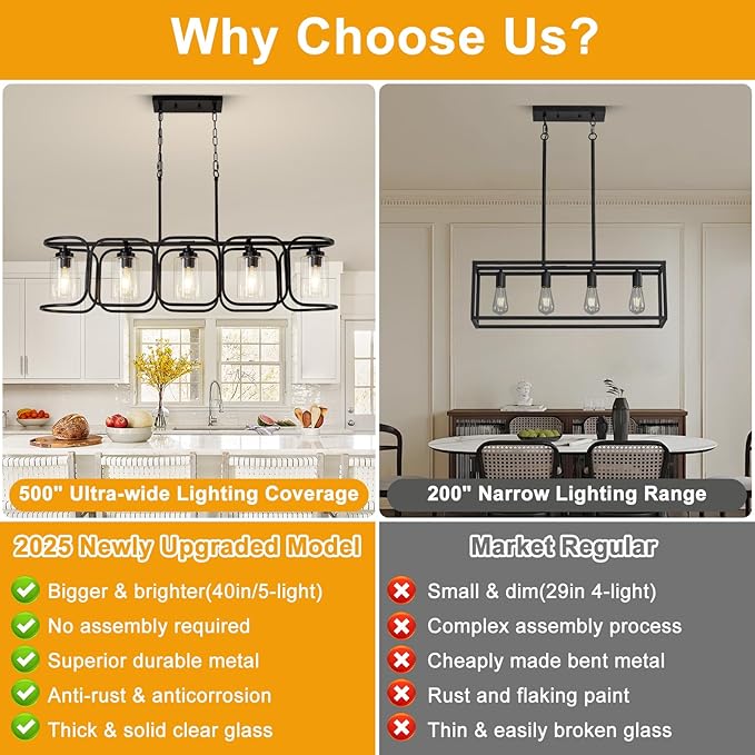 40" Dining Room Light Fixture/Chandelier Over Table, 5-Light Black Kitchen Island Lighting with Clear Glass Shade Farmhouse Linear Hanging Pendant Lights Fixture for Kitchen Island Dining Room‌ Bar