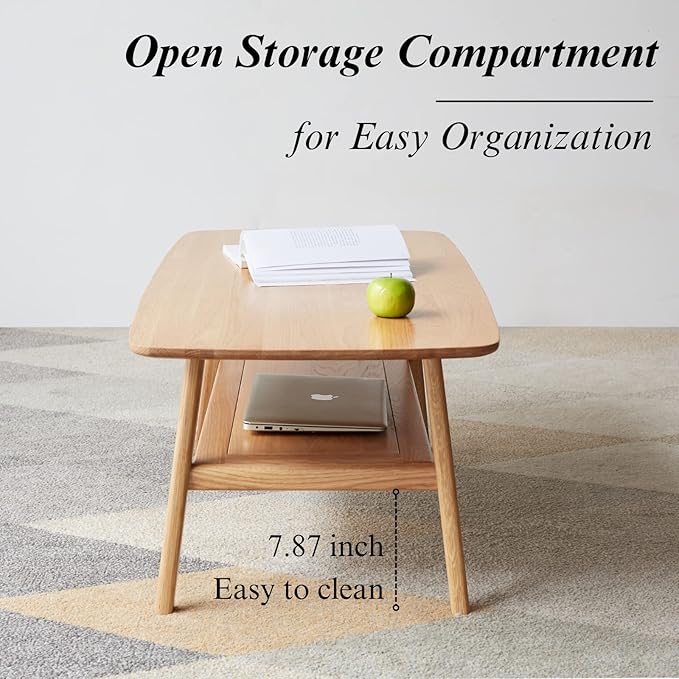 Mid Century Modern Coffee Table: 100% Solid Wood Coffee Table - 2-Tier Storage Design - Practical Coffee Tables for Living Room, Apartment, Easy Assembly (Natural, 47.24")