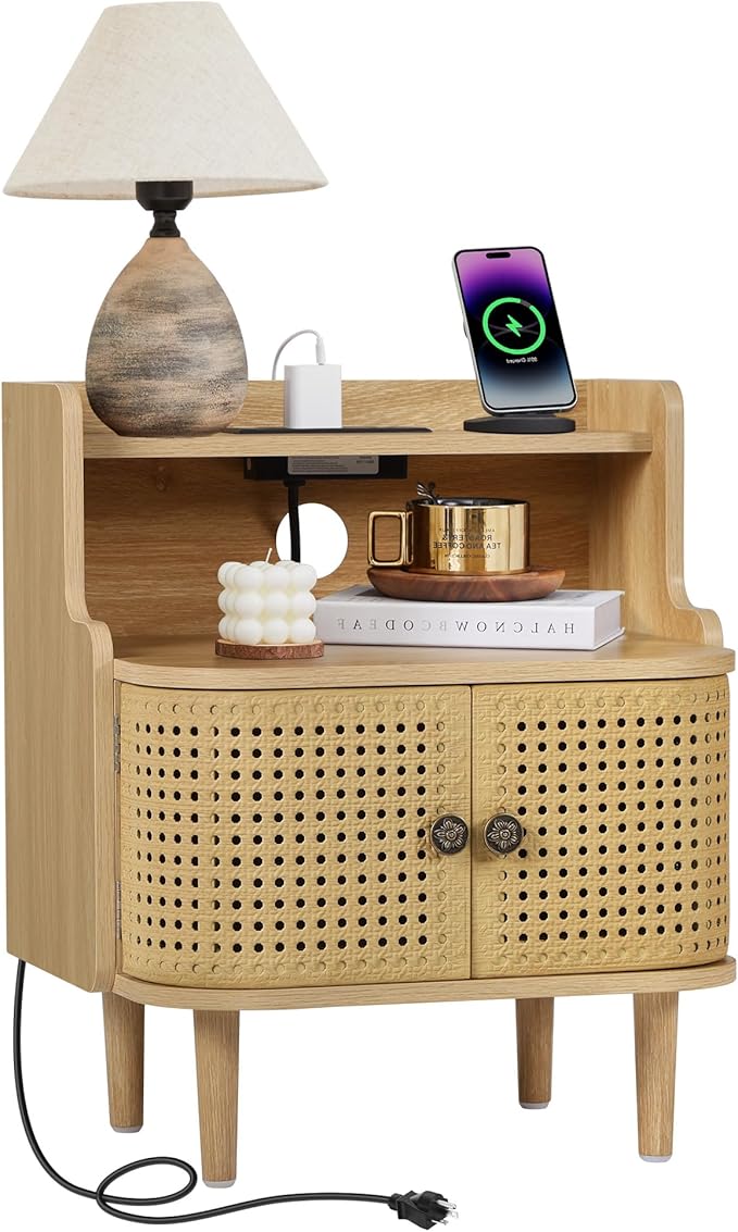 Metal Rattan End Table with Charging Station, Mid Century Modern Nightstand with 2 Doors, Bed Side Table with Storage for Couch,Living Room,Small Spaces, Sofa Side Table for Office,Dorm - Natural