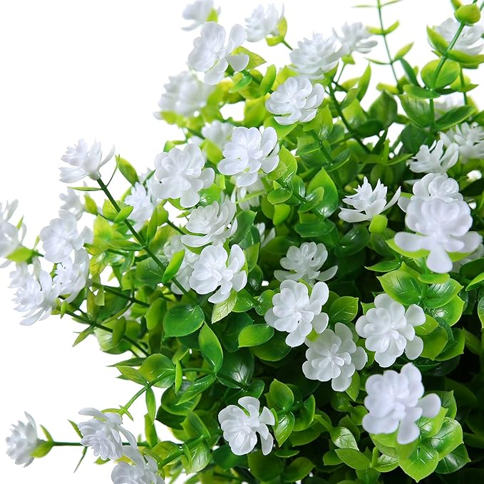 Artificial Plants Flowers Grass Shrubs 8 Pack No Fade Faux Plastic Flowers Outdoor for Vases Farmhouse Garden Porch Patio Office Indoor Wedding Decoration Greenery Fake Plants (2#White)