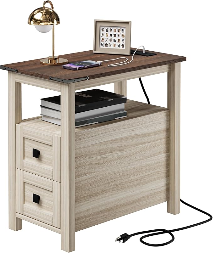 Farmhouse End Table with Charging Station and 2 Drawers, Washed Grey Wood Nightstand Narrow, Skinny Side Table Rustic, Slim Bedside Table, Open Shelf, Small for Bedroom, Living Room, Sofa