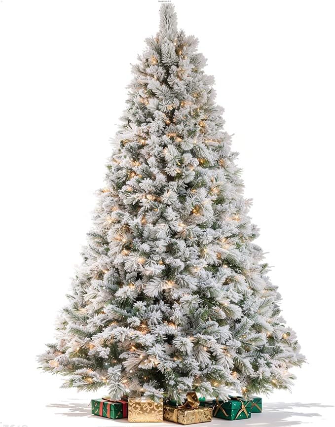 6.5FT Pre-lit Snow Flocked Christmas Tree Spruce with Remote Control, 400 Warm White Multi-Color Lights, Artificial Hinged/Feel Real/Realistic for Home, Holiday Decoration Dual Color LED