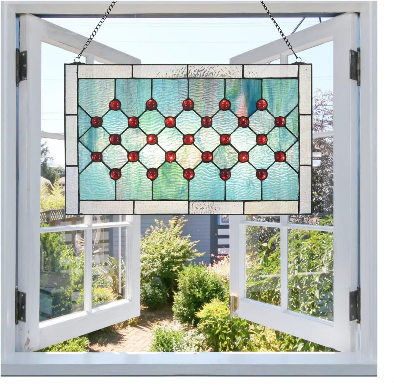 Tiffany-Style Stained Glass Window Panel, 100% Genuine Stained Glass and Cabochon, Handcrafted 73 Pieces, Blue/Green, Size: 19.25" x 11.75", Hanging Chain Included