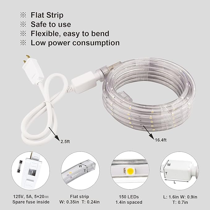 Daylight Rope Lights, 16.4ft Flexible Waterproof LED Strip Light, Nature White, Indoor Outdoor Decorative Lighting for Home Christmas Holiday Garden Patio Party