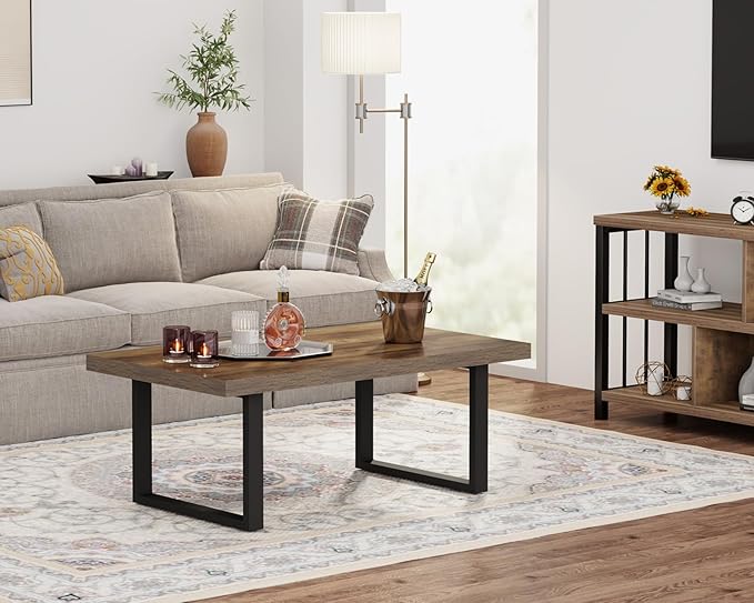 IBF Farmhouse Coffee Table, Modern Coffee Table for Living Room, Simple Industrial Rectangle Center Table, Wood Metal Tea Table for Home Bedroom Office, Rustic Oak, 47 in