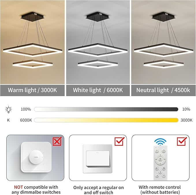 Modern Ceiling Chandelier, with Remote Control Dimmable 3 Color Mode & Brightness (Warm & Cool & Neutral Light) Ceiling Chandelier, Acrylic Anti-Flicker Dining Light Fixture for Kitchen