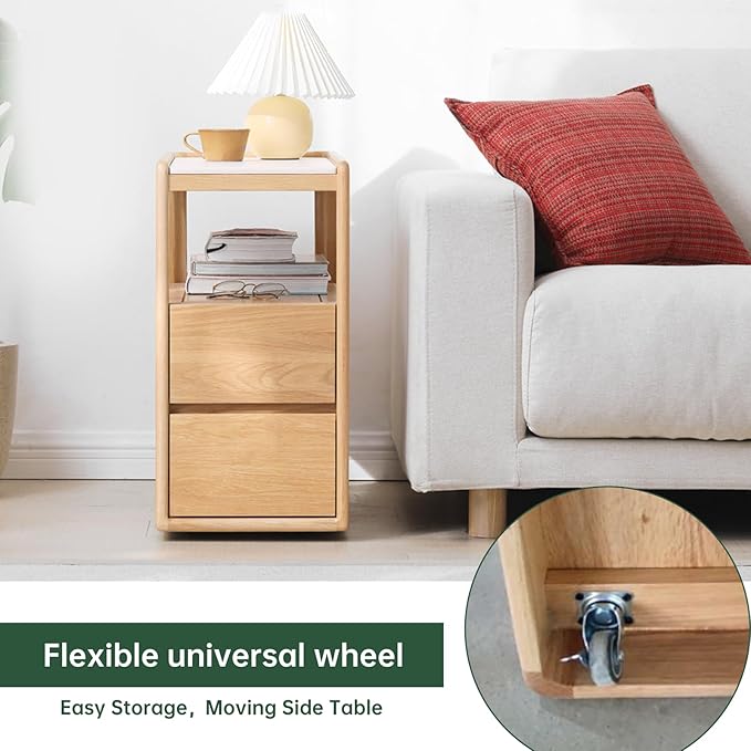 100% Solid Wood Side Table with Wheels, Narrow Side Table with Storage Drawers, Rolling Bedside Table for Bedroom Living Room Space Saving (Natural, 11.81" D x 26.77" W x 23.23" H)
