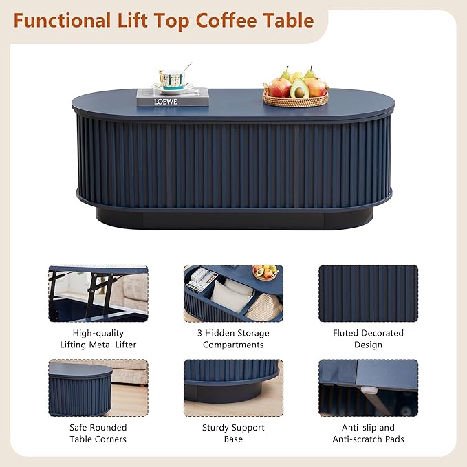 Oval Lift Top Coffee Table with Storage, 43.3”Mid Century Modern Center Table with Hidden Compartment, Fluted Wooden Lift Tabletop Dining Table for Living Room Apartment Home Office,Blue