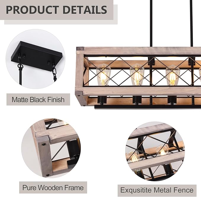 Rectangle Wood Chandelier Farmhouse Style Kitchen Pendant Lighting Over Island 5 Light 31 Inch Dining Room Light Fixture Adjustable Height Pendant Light for Dining Room Bar Pool Table.