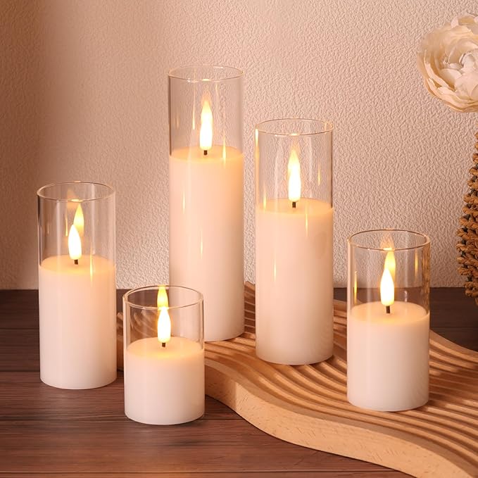 Clear Glass Flameless Candles with Remote Batteries, Flickering Slim LED Pillar Candles Set of 5