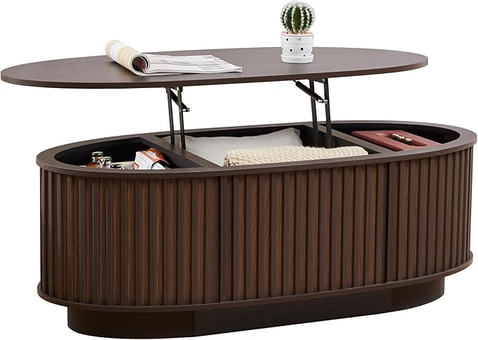 Oval Lift Top Coffee Table, 43.3'' Fluted Coffee Table with Hidden Storage Compartment, Mid Century Modern Dining Table Wooden Center Table for Living Room, Office, Small Spaces (Dark Brown)