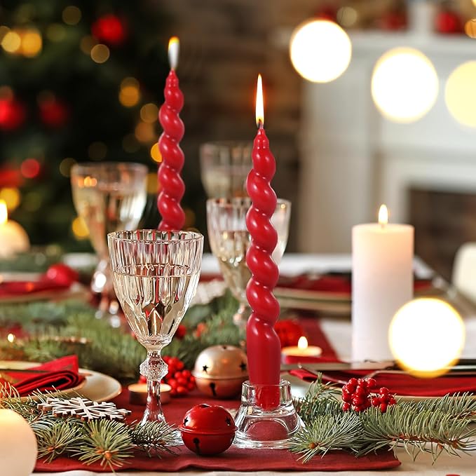 Zhengmy 4 Pcs Red Spiral Taper Candle 7 Inch Twisted Long Wax Dinner Candlestick for Fall Halloween Christmas Holiday Valentines Wedding Birthday Baby Shower Table Decor(Solid)