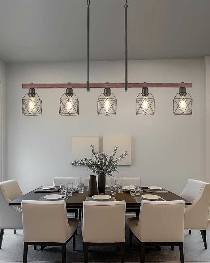 5-Light Industrial Farmhouse Chandelier with Wood Grain Bar and Black Metal Cage – Rustic Hanging Ceiling Lamp for Kitchen Island, Dining Room, and Living Room